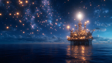 Obraz premium A photorealistic image of an oil and gas rig in the middle of the ocean, showcasing advanced technology and the extraction process, representing energy production, industrial operations, and the oil a