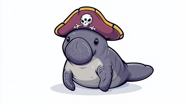 A cartoon manatee wearing a pirate hat with a skull and crossbones.