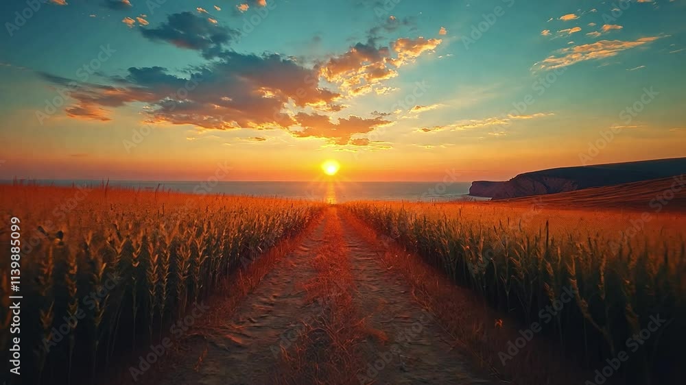 Poster Golden rays illuminate a cornfield as the sun sets over the ocean, creating a breathtaking view of nature's tranquility in the evening.