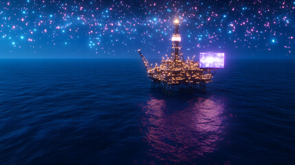 Fototapeta premium A photorealistic image of an oil and gas rig in the middle of the ocean, showcasing advanced technology and the extraction process, representing energy production, industrial operations, and the oil a