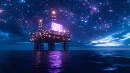 Fototapeta premium A photorealistic image of an oil and gas rig in the middle of the ocean, showcasing advanced technology and the extraction process, representing energy production, industrial operations, and the oil a