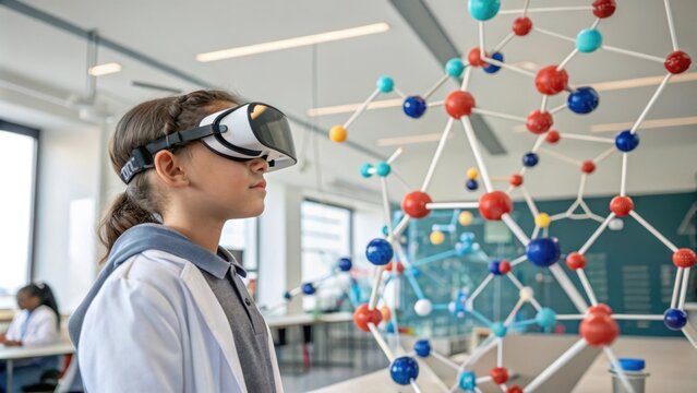 Curious elementary school student wearing a virtual reality headset, exploring a colorful molecular structure model in a modern science classroom, experiencing immersive learning