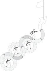 Three small businessmen keep running in the gears to drive the big businessman to run upwards, the interests of the small businessman drive the interests of the big businessman