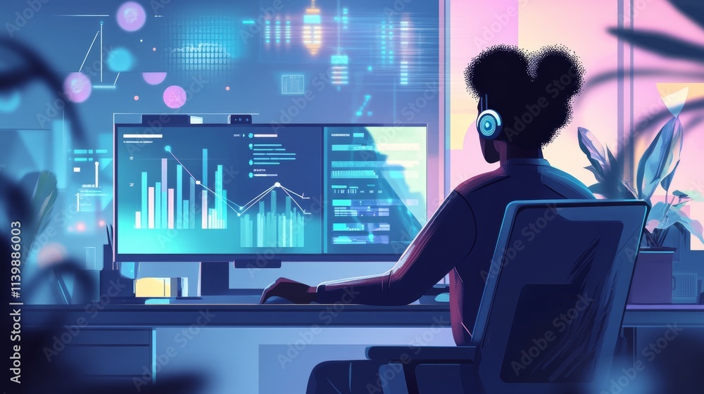 Poster serene business office environment with data visualization display