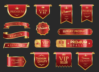 VIP and premium emblem red and gold isolated on black background stock illustration 