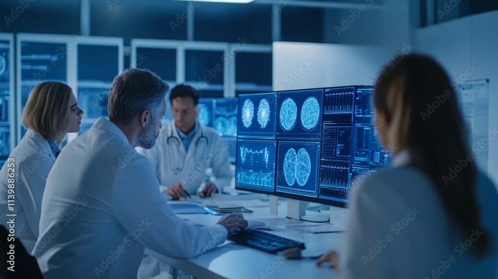 Poster intense collaboration of data scientists analyzing complex information