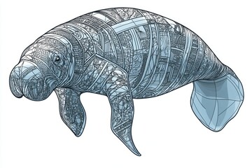 A stylized illustration of a manatee with intricate geometric patterns.