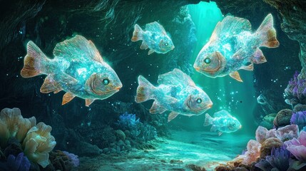 Enchanted Underwater Cave: Luminescent Fish in a Mystical Realm