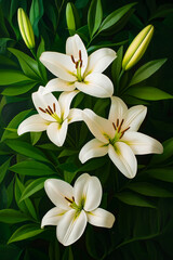Fototapeta premium A bunch of white lilies with green leaves on a black background