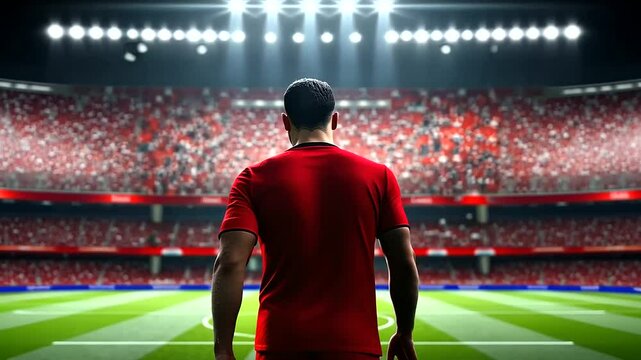 A soccer player in a red jersey, head slightly bowed, stepping out of the shadowy tunnel into the dazzling brightness of a roaring stadium. - Powered by Adobe