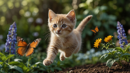 Obraz premium A light orange kitten is running through a garden with purple lupines, orange flowers,