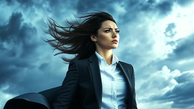 A woman in business attire ascending above a stormy sea, her cape glowing brightly to signify resilience and victory.