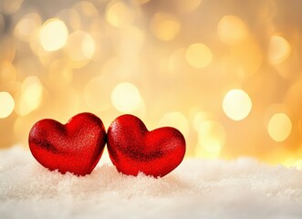 Fototapeta premium two red hearts on snowy surface with glowing lights in background