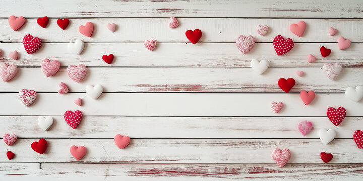 Assi di legno bianco circondate da cuoricini rossi. Spazio per testo o messaggio. Amore