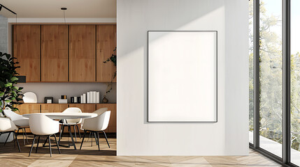 Blank poster mockup on white wall in modern office interior with wooden cabinets