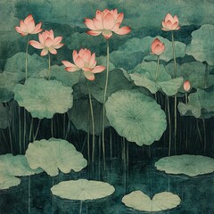 Watercolor depiction of a lily pond with pink lotus flowers and soft green lily pads
