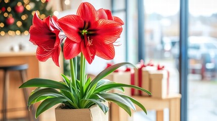 Vibrant Red Amaryllis in Festive Setting with Gift Boxes Nearby