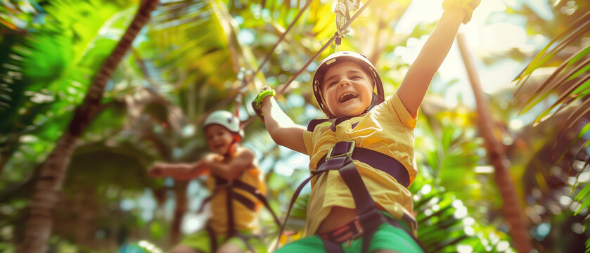 A joyful child zip-lining through a lush tropical forest on a sunny day.