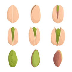 Collection of pistachio nuts isolated on white background