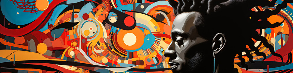 Man with dreadlocks is the main focus of this colorful painting