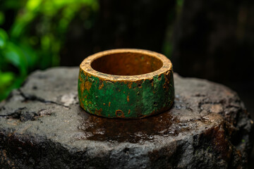 A green ring sitting on top of a rock