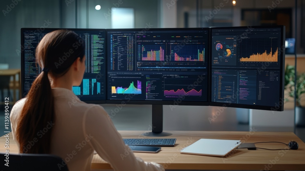 Poster woman analyzing data on multiple monitors in modern office space
