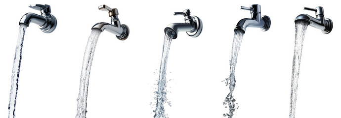 High-Quality PNG Water splash flowing out from tap or faucet Isolated on White Background – High Resolution