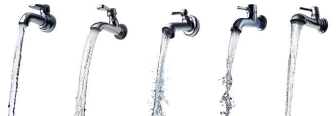 High-Quality PNG Water splash flowing out from tap or faucet Isolated on White Background – High Resolution