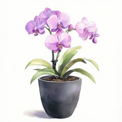 Watercolor depiction of a potted orchid in a sleek black planter with elegant purple blooms.