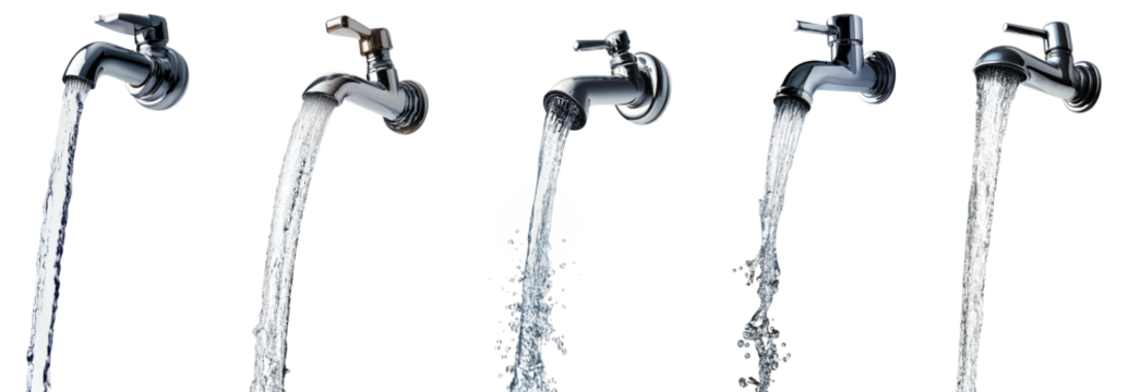 High-Quality PNG Water splash flowing out from tap or faucet Isolated on White Background – High Resolution