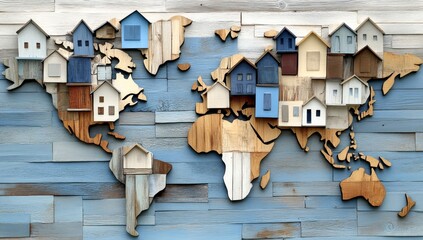 World Map Made of Wood with Small Houses Representing Different Countries and Cities