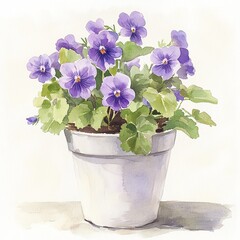 Watercolor depiction of a potted plant with blooming purple violets in a white ceramic container.