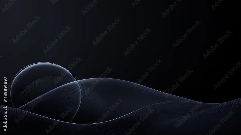 Poster abstract black background with smooth waves and floating bubble