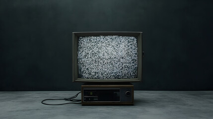 A vintage television set with static on the screen placed on a wooden table, symbolizing retro technology, nostalgia, and the evolution of television, evoking a sense of the past and the early days of