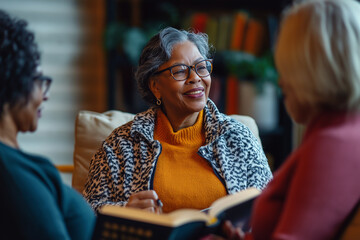 Portrait of senior people enjoying book club discussion indoors with African American women reading aloud to friends