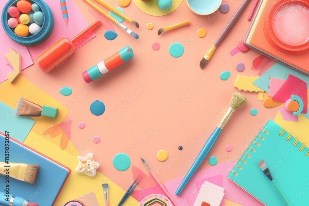 Poster Colorful educational materials for creative projects and artistic expression arranged on a vibrant workspace. Generative AI