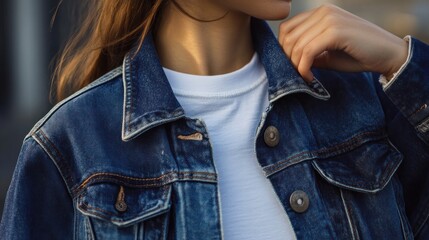 Close-up of a Woman Wearing a Denim Jacket