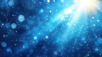 A shimmering blue background with light rays and bokeh effects.