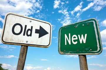 Old and New Signpost with "OLD" and "NEW" Text Against Sunset Sky