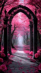 Obraz premium Pink Blossom Archway Romantic Garden Path Stone Walkway Roses Floral Fantasy