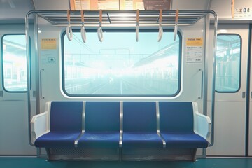 Empty seats on a brightly lit train