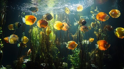 Aquatic Paradise: Vibrant Discus Fish in a Lush Underwater World