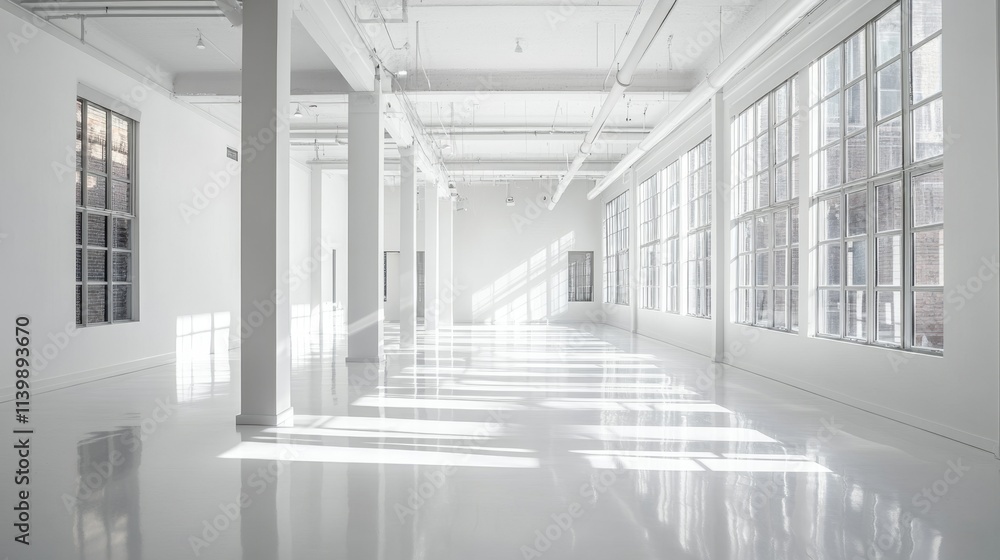 Poster bright empty space with large windows and minimalist design