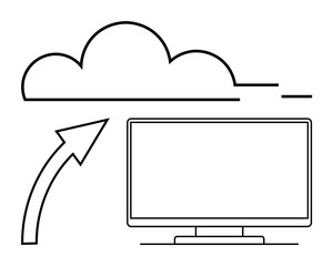 Arrow pointing towards cloud above computer monitor signifying data upload process. Ideal for technology, cloud services, data storage, IT solutions, digital transformation, business computing