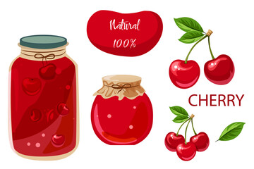 Illustration of cherry compote and jam. Set of elements. Vector set of food illustrations