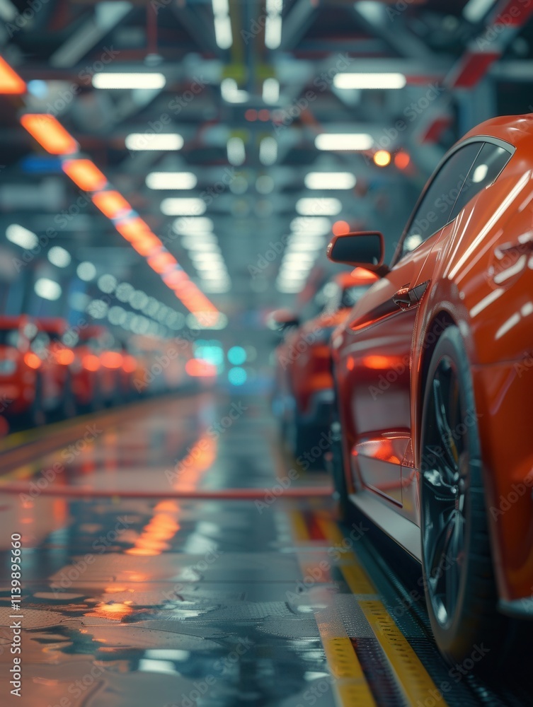 Poster finished cars are undergoing performance testing on a specialized test track in a modern facility. g
