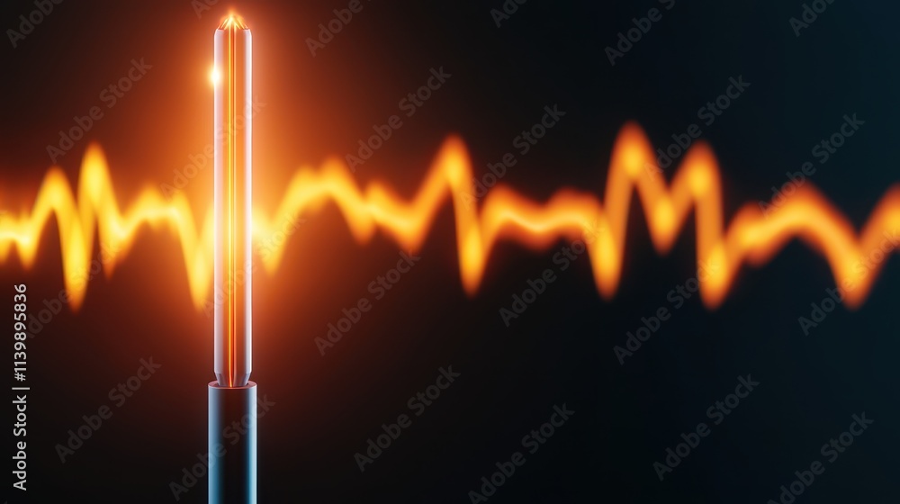 Poster sound loud 3d rendering concept, close up rendering of tuning fork emitting bright light and sound w