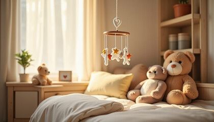 Charming nursery with stuffed animals and mobile in warm light, creating a cozy atmosphere