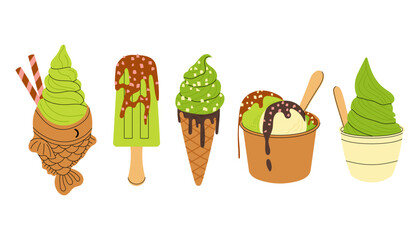 Set vector illustrations matcha flavored ice cream. Ice cream on stick and waffle cone. Taiyaki. For menu design, food blogs, prints and postcards.