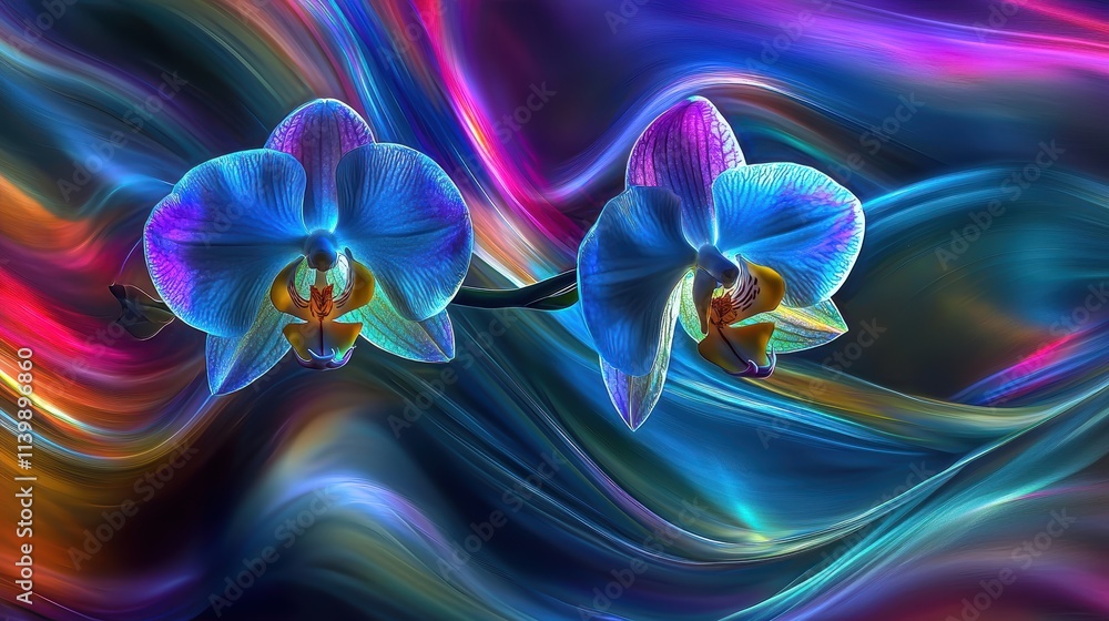 Poster vibrant blue orchids with colorful swirls and patterns in background